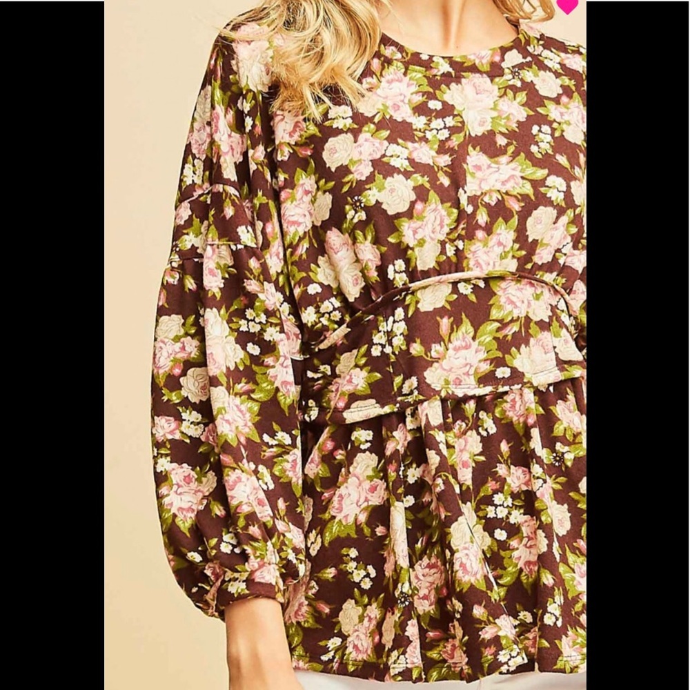 brown floral long sleeve top - Picture 6 of 7